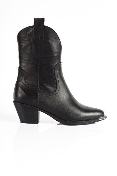 SU SHOE BOUTIQUE NO63 Siyah Hakiki Deri Galvaniz Burunlu Kovboy Bot