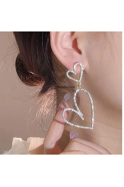 mos&more Silver Crystal Stone Double Heart Women's Evening Dress Earrings, Waterway