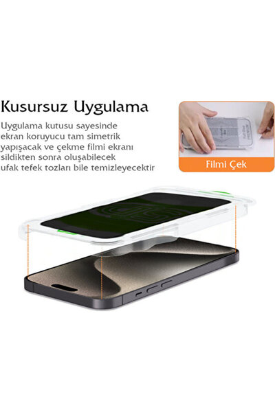 Fibaks iPhone 15/14 Pro/16 Uyumlu Uygulama Aparatlı Siyah Çerçeveli Tam Kapatan Hayalet Cam Ekran Koruyucu