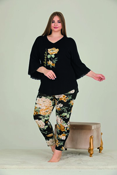 tarzımsüper Women's Plus Size Letter Printed Long Sleeve Floral Print Bottom Top Pajamas Set