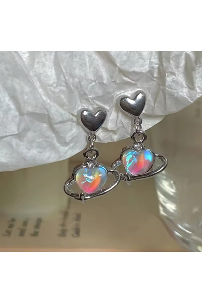 Vintageamer Liquid Hologram Kalp Detaylı 925 Ayar Gümüş Küpe