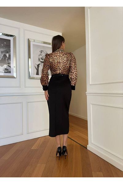 asyadabutik Rochie din țesătură creponată scuba cu imprimeu leopard, cu guler de piatră și detaliu curea