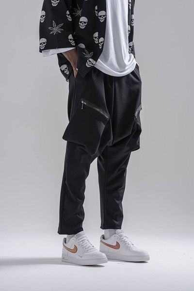 Superbluemexico Men's Black Baggy Trousers with Zipper Pockets