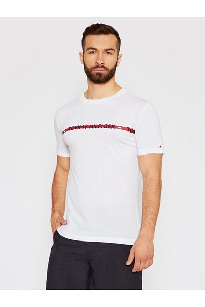 Tommy Hilfiger Tricou alb pentru bărbați, cu mânecă scurtă, cu guler rotund, cu sigla UM0UM01915-YBR
