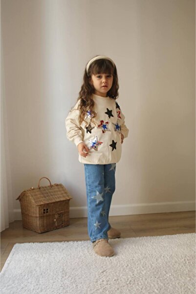 Prime Butik Star Detail Pullu Girl's Jeans Pant 2-Piece Suit