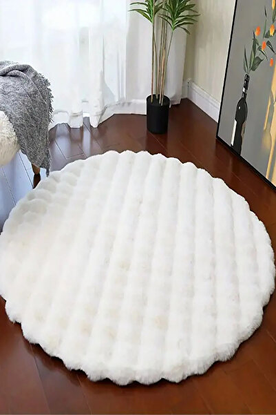 stil carpet Bubble Tavşan Tüyü Peluş Beyaz Yuvarlak Yumuşak Dokulu Kaymaz Halı
