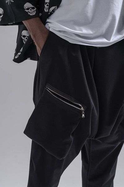 Superbluemexico Men's Black Baggy Trousers with Zipper Pockets
