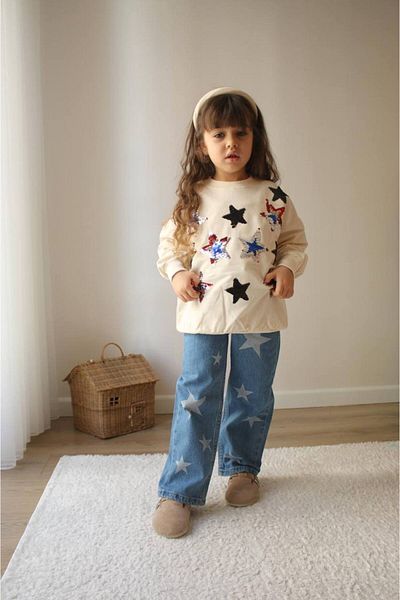 Prime Butik Star Detail Pullu Girl's Jeans Pant 2-Piece Suit