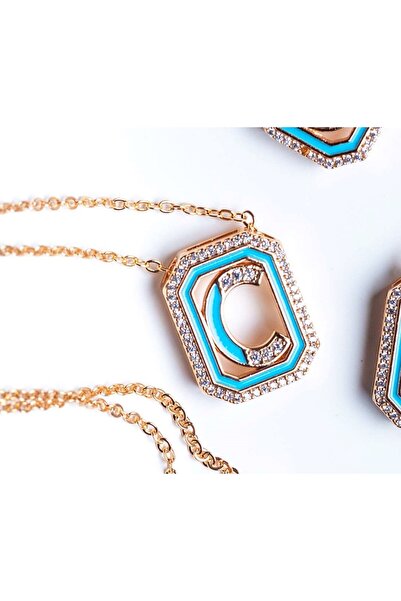 C Harfi mavi detay rose gold kolye