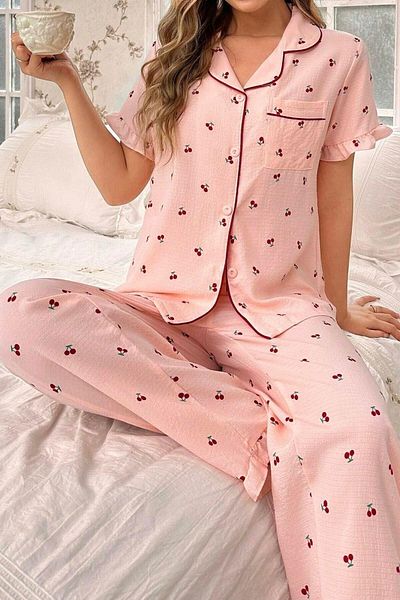 BELLA NOTTE Baby Collar and Buttoned Cherry Patterned Long Pajama Set