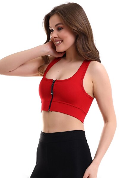 EMFURE Kırmızı Pedli Fermuarlı Spor Büstiyer - Sports Bra / Crop Destekli Spor Sütyeni