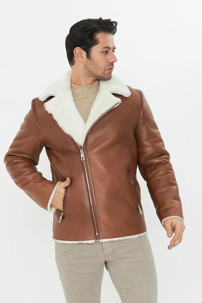 By Marki Marki Genuine Leather Men's Coat - 75 Cm, Fur Inside, Double Breasted Zipper, Tumbled Tan Color - 502022