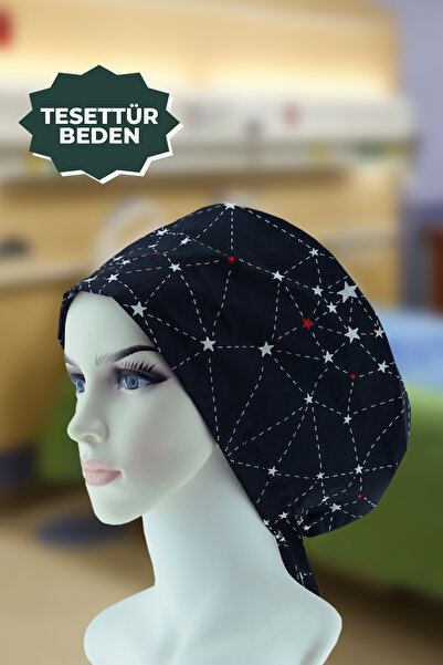 YİĞİTBAŞI Sİyah-Galaksi Doktor Hemşire Aşçı Cerrahi Bone Hastane Anne Bone İş Bandanası Pamuklu Kumaş Lastikli