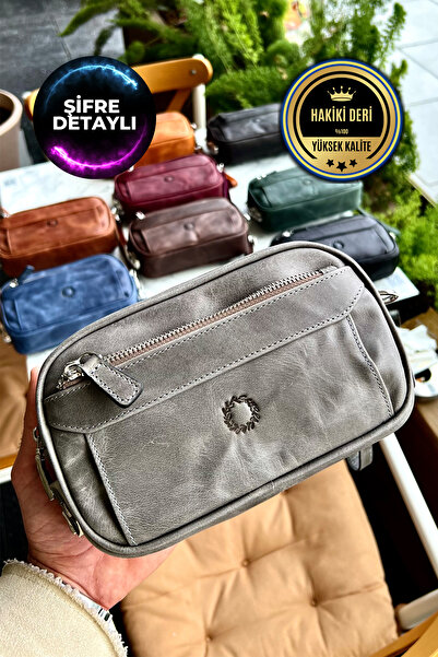 CüzCan Costinel Antik Gri Hakiki Dana Derisi Şifreli El Çantası