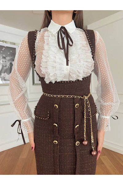 1Moda1Tarz Women's Imported Tweed Set - Pearl Embroidered Ribbon Detail, Chiffon Chain and Lining