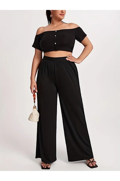 CAONNES Pantaloni de trening negri, largi, cu croială lejeră, din material el...