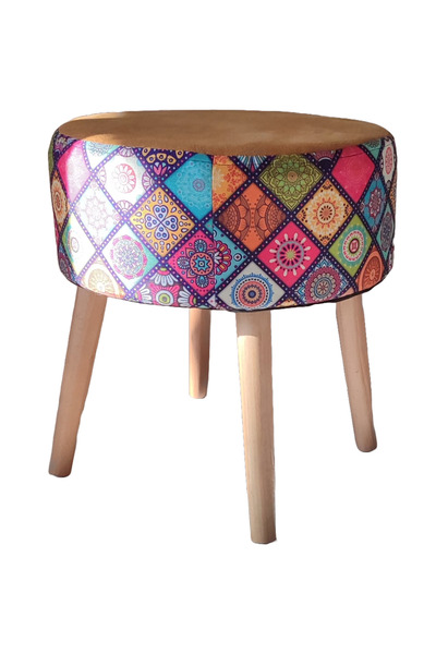 ustaagac Puf Koltuk Tabure // Mandala Baskı Dallas Kumas // Ahşap Gürgen Ayaklı