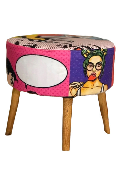 BHM Dekoratif Puf Ahşap Ayaklı Karikatür Desenli Ahşap Ayaklı Dayanıklı Puf & Bench 40x40x20cm
