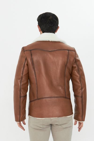 By Marki Marki Genuine Leather Men's Coat - 75 Cm, Fur Inside, Double Breasted Zipper, Tumbled Tan Color - 502022