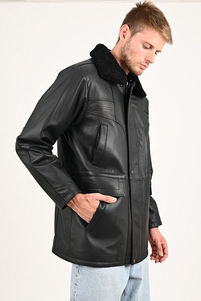 ALİN Tarkan Men's Black Winter Genuine Leather Coat with Fur Collar Size Measurements Visually