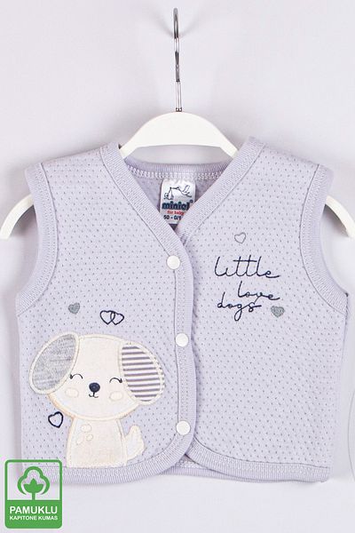 Miniel Unisex Baby Love Dogs Embroidered Organic Cotton 1-3-6-9 Months Quilted Baby Vest - Gray