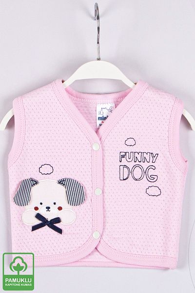 Miniel Baby Girl with Mobile Ears and Dog Embroidery Organic Cotton 1-3-6-9 Months Quilted Baby Vest - Pink