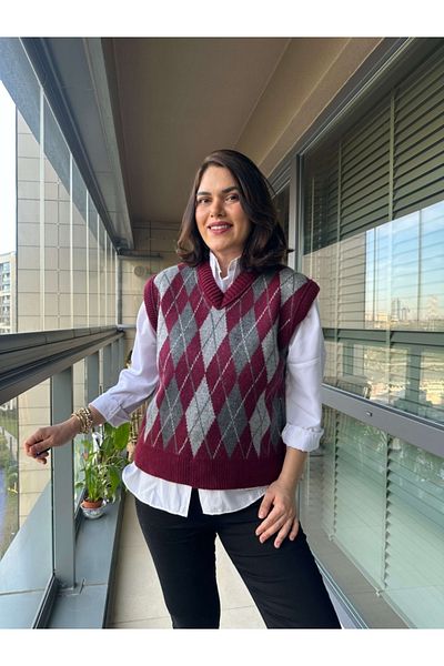 Elif Özbey Butik Burgundy Diamond Pattern Trend Sweater
