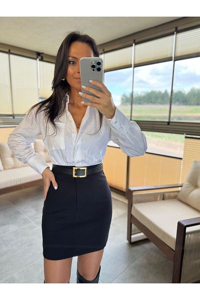 caddstore Ky 3440 Crep Λεπτομερές Λευκό Πουκάμισο Μολύβι Φόρεμα