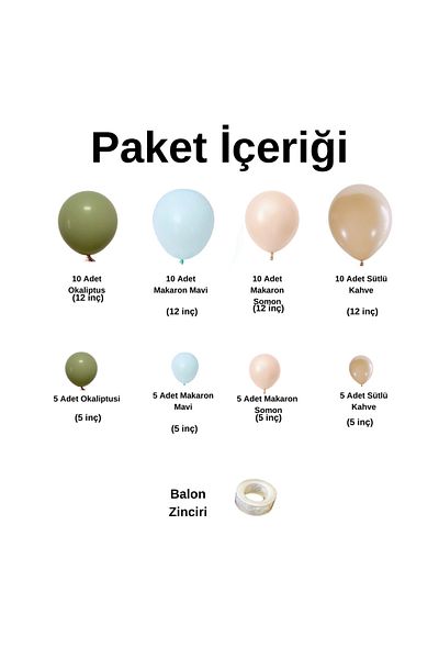 Ata Parti Dünyası 60 Pieces Balloon Chain Set - Eucalyptus, Macaron Salmon, Blue Macaron, Milk Coffee