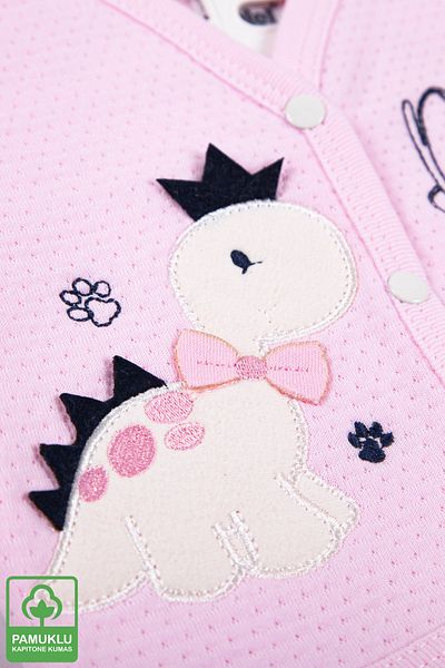 Miniel Baby Girl Dino Embroidered Organic Cotton 1-3-6-9 Months Quilted Baby Vest - Pink