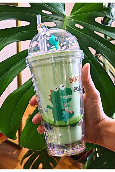 Deco Elit Dino Themed Cute 450 ml Mica Flask - Double Layer, Water Bottle with Straw, Green 2769