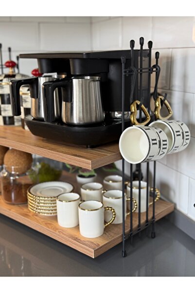 Benefse Kahve Makinesi Çam Rafı Tezgah Üstü Kahve Köşesi Rafı Mutfak Rafı Iki Katlı Askı Hediyeli