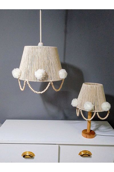 poplinhome Macrame Rope Wrap Chandelier Lampshade Set - Pompom Bead Chandelier for Kids Room and Baby Room
