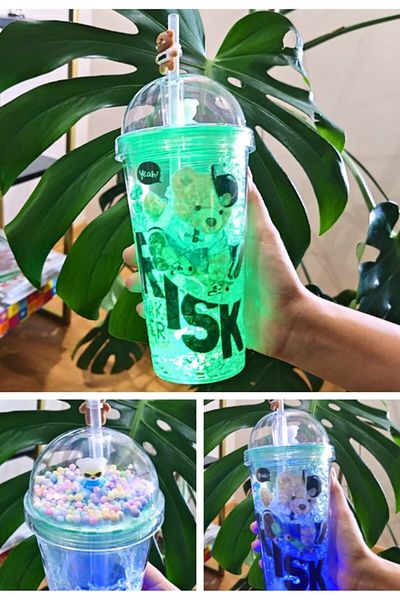 BiTon Toptan Green Risk Bear - Frosted Glass Appearance with Led Lights, Straw, 450 Ml, Double Layer Mica 2768
