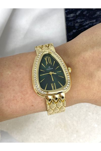Coliseum Vintage Green Gold Women's Wristwatch with Triangle Stone Detail