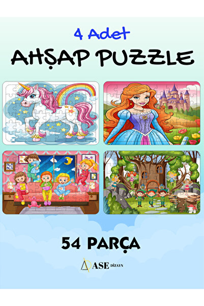 ASE DİZAYN Çocuklar Için Eğitici Ve Öğretici Ahşap Renkli Puzzle(yapboz) 4 ad...