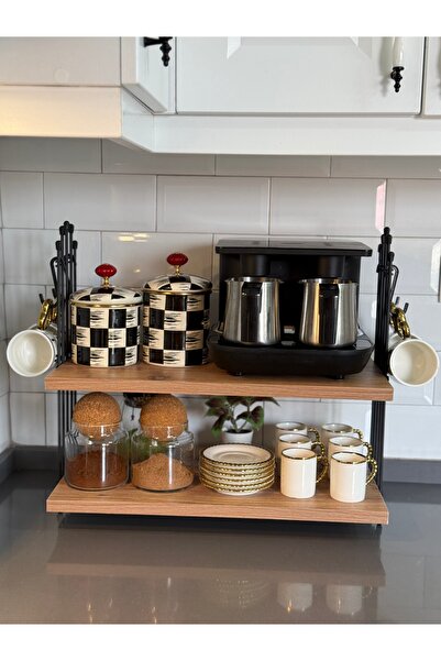 Benefse Kahve Makinesi Çam Rafı Tezgah Üstü Kahve Köşesi Rafı Mutfak Rafı Iki Katlı Askı Hediyeli