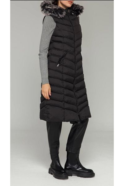 shop Furry Hood Sleeveless Long Women's Inflatable Vest (Black)