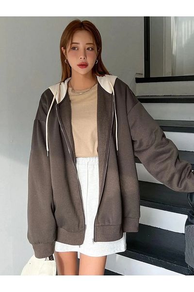 npLStore Διπλό Χρώμα Μεγάλο Μέγεθος Χωρίς εκτύπωση 3 νημάτων Oversize Μπουφάν - Ζακέτα