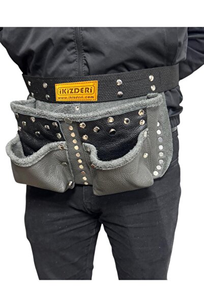 İKİZ DERİ ÜRÜNLERİ DÖRT BÖLMELİ HAKİKİ DERİ ÇİVİ ÖNLÜĞÜ GRİ-SİYAH