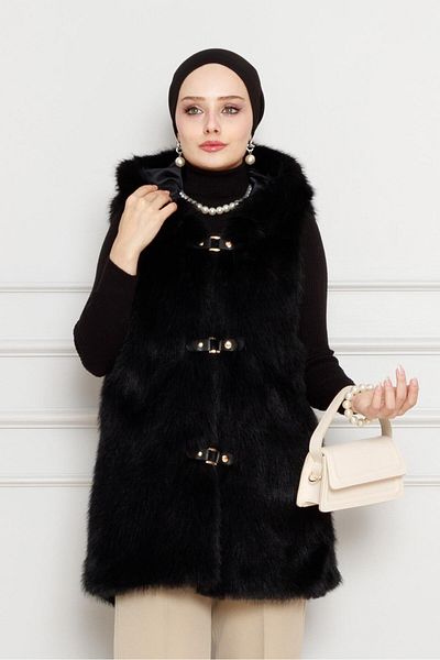Sevitli Hooded Plush Fur Vest-Black