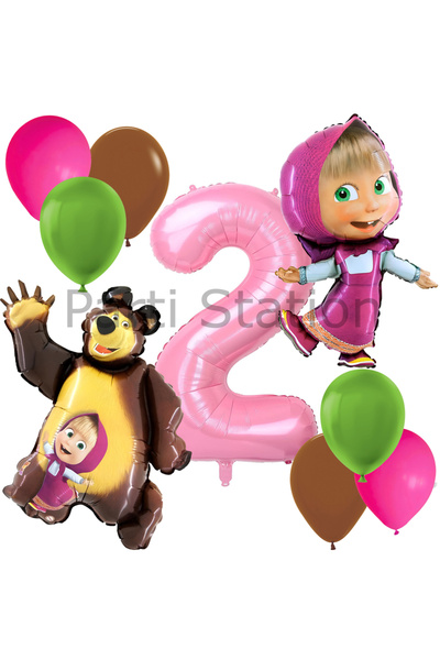 Parti Station Lisanslı Maşa ve Koca Ayı Balon 2 Yaş Pembe Renk Rakam Balon Se...