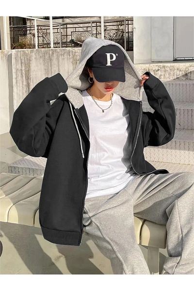npLStore Διπλό Χρώμα Μεγάλο Μέγεθος Χωρίς εκτύπωση 3 νημάτων Oversize Μπουφάν - Ζακέτα
