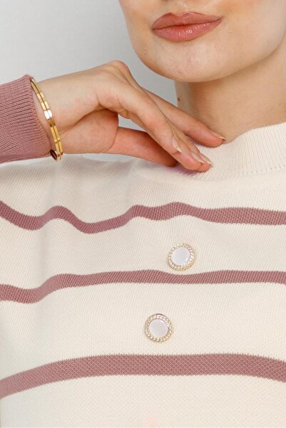 Sevitli Σετ πλεκτών ενδυμάτων με ριγέ λεπτομέρεια με κουμπιά-αποξηραμένο τριαντάφυλλο