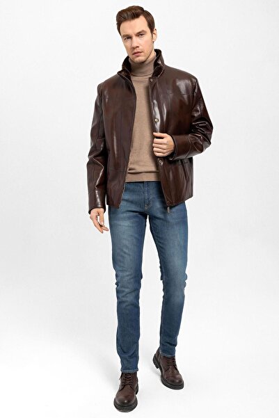 Deriderim Brown Yager Men's Genuine Leather Coat with Fur Inside and Zipper