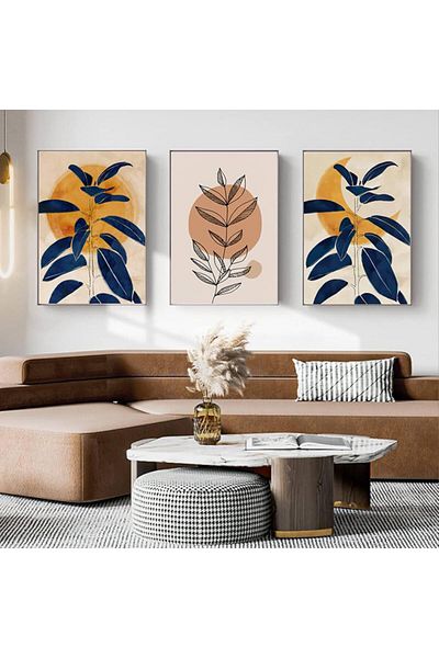 Linacci Triple Black Metal Frame Blue Yellow Leaf Glass Table Set