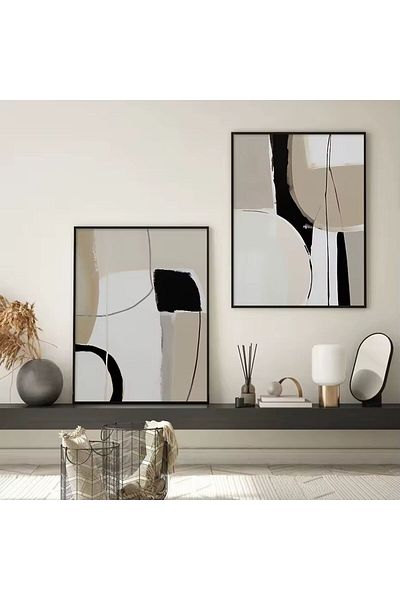 Linacci Abstract Style Glass Painting Set with Double Black Metal Frame