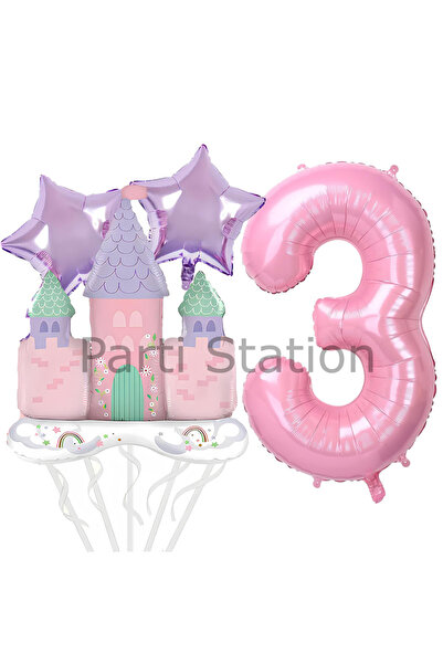 Parti Station Prenses Konsept 3 Yaş Pembe Renk Rakam Balon Set Prenses Evi Şa...