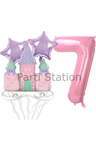 Parti Station Prenses Konsept 7 Yaş Pembe Renk Rakam Balon Set Prenses Evi Şa...