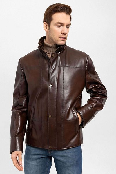 Deriderim Brown Yager Men's Genuine Leather Coat with Fur Inside and Zipper